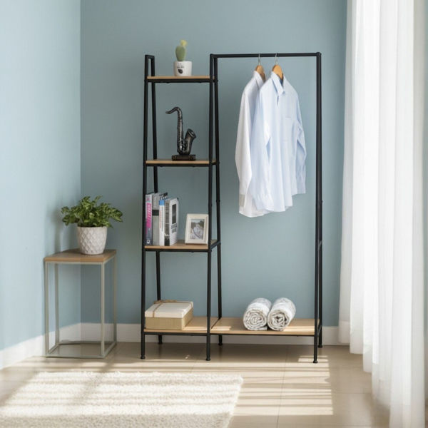 Imagen de Mueble perchero con estantería lateral de hierro y MDF, en caja Berlina Home
