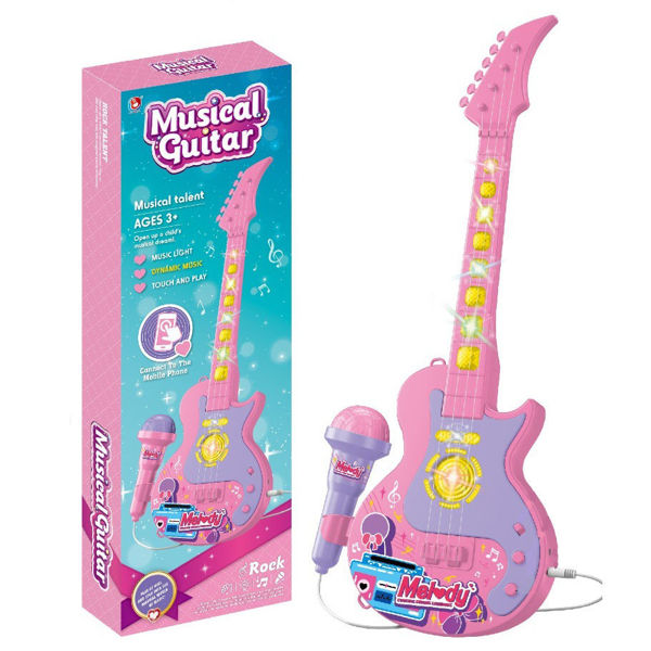 Imagen de Guitarra de plástico con luz y sonido, con micrófono, conección jack para celular, 3AA, en caja