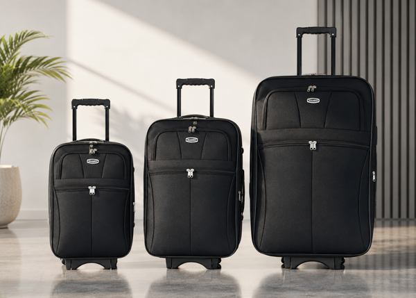 Imagen de Valijas Berlina x3 NEGRO, de arrastre, semi rígidas, ruedas en línea, fuelle 5cm con base extensible, 2 bolsillos exteriores,manija telescópica, tranca numérica, correa para ajustar ropa, bolsillo interior con cierre, color negro