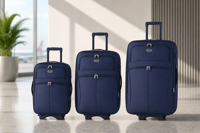 Imagen de Valijas Berlina x3 AZUL, de arrastre, semi rígidas, ruedas en línea, fuelle 5cm con base extensible, 2bolsillos exteriores, manija telescópica, tranca numérica, correa para ajustar ropa, bolsillo interior con cierre, color azul
