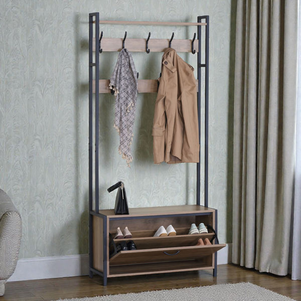 Imagen de Mueble perchero de hierro y MDF despojador, con zapatera, en caja Berlina Home