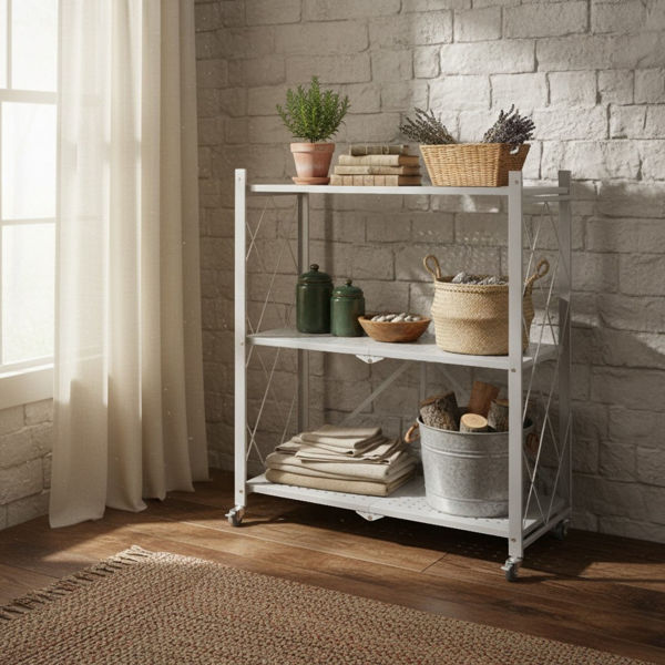 Imagen de Mueble estantería de metal plegable con ruedas, 3 estantes BLANCO en caja