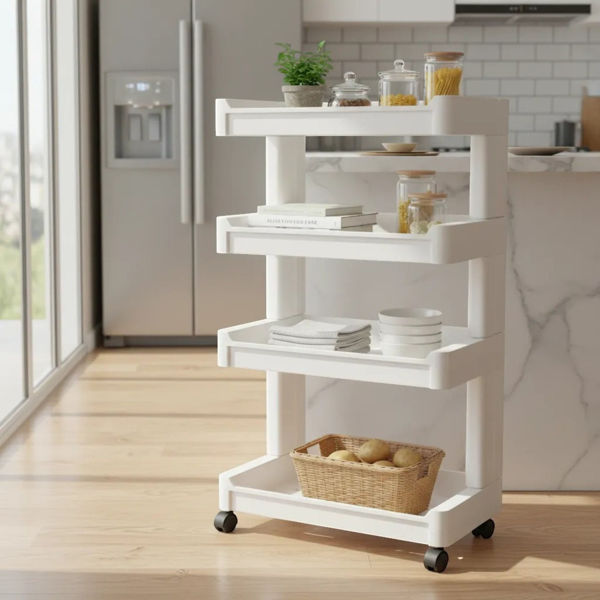 Imagen de Mueble estantería de plástico, 4 estantes bandeja, con ruedas