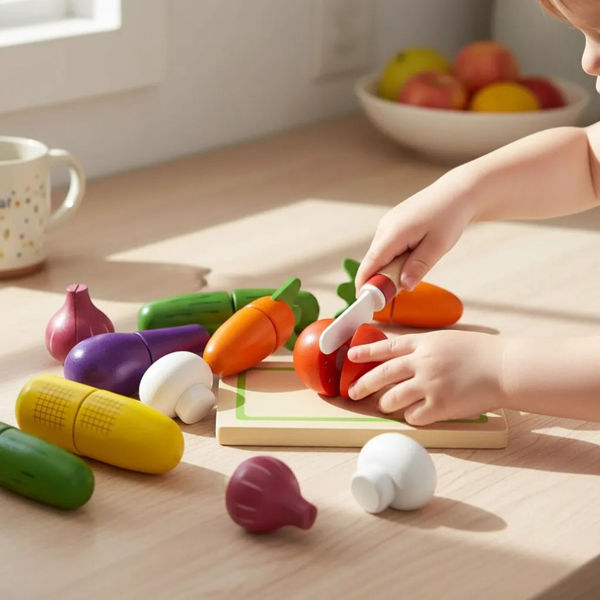 Imagen de Frutas y verduras con velcro, de madera, 16 piezas  en caja