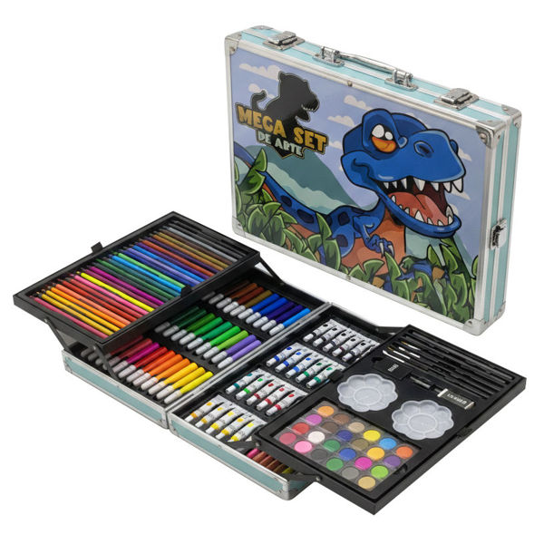 Imagen de Valija de arte infantil, 144 piezas, contiene lápices de colores, lápices negros, marcadores, acuarelas, pintura al agua, óleo pastel, varios accesorios, diseño dinosaurio