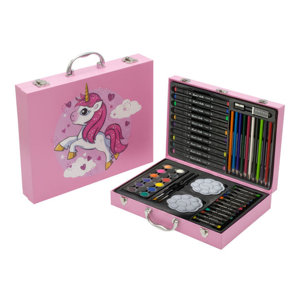 Imagen de Valija de arte infantil, 50 piezas, contiene lápices de colores, marcadores doble punta, acuarelas, óleo pastel y accesorios, varios diseños