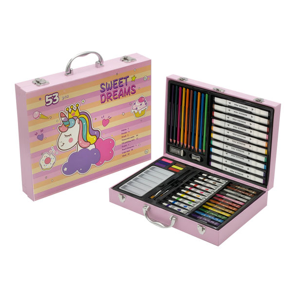 Imagen de Valija de arte infantil, 53 piezas, contiene lápices de colores, marcadores doble punta, pinturas al agua, acuarelas, óleo pastel y accesorios, varios diseños