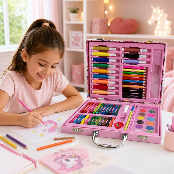 Imagen de Valija de arte infantil, 67 piezas, contiene marcadores, lápices, crayolas, acuarelas y varios accesorios