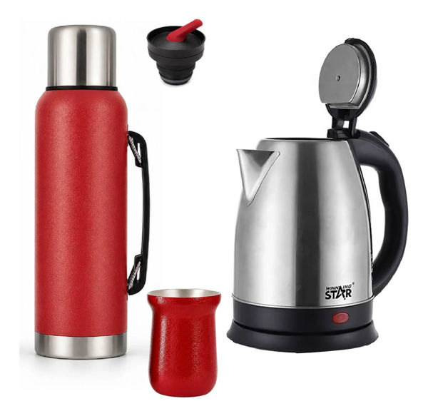 Imagen de Kit Matero Termo 1lt - Mate Acero Inox Y Jarra Electrica Bordó