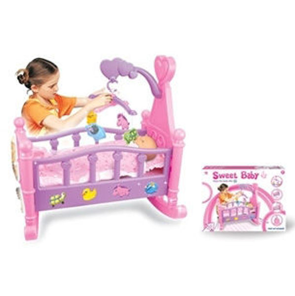 Imagen de Cama cuna para muñeca, de plástico, mecedora con accesorios, en caja