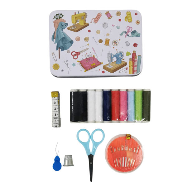 Imagen de Hilos de colores x10, con accesorios para costura, en lata costurero