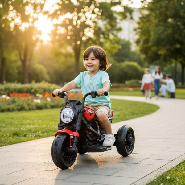 Imagen de Moto triciclo a batería, con control remoto, luz y sonido, en caja, varios colores