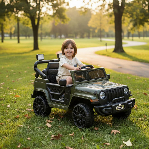 Imagen de Jeep a batería, con control remoto, con luz y sonido, 2 baterías de 6V c/u, en caja, varios colores